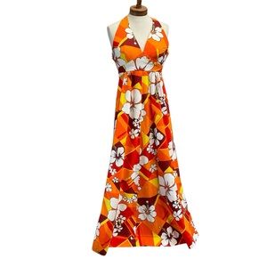 Hukilau Vintage Hawaiian Maxi Halter Dress.  Sz 6.